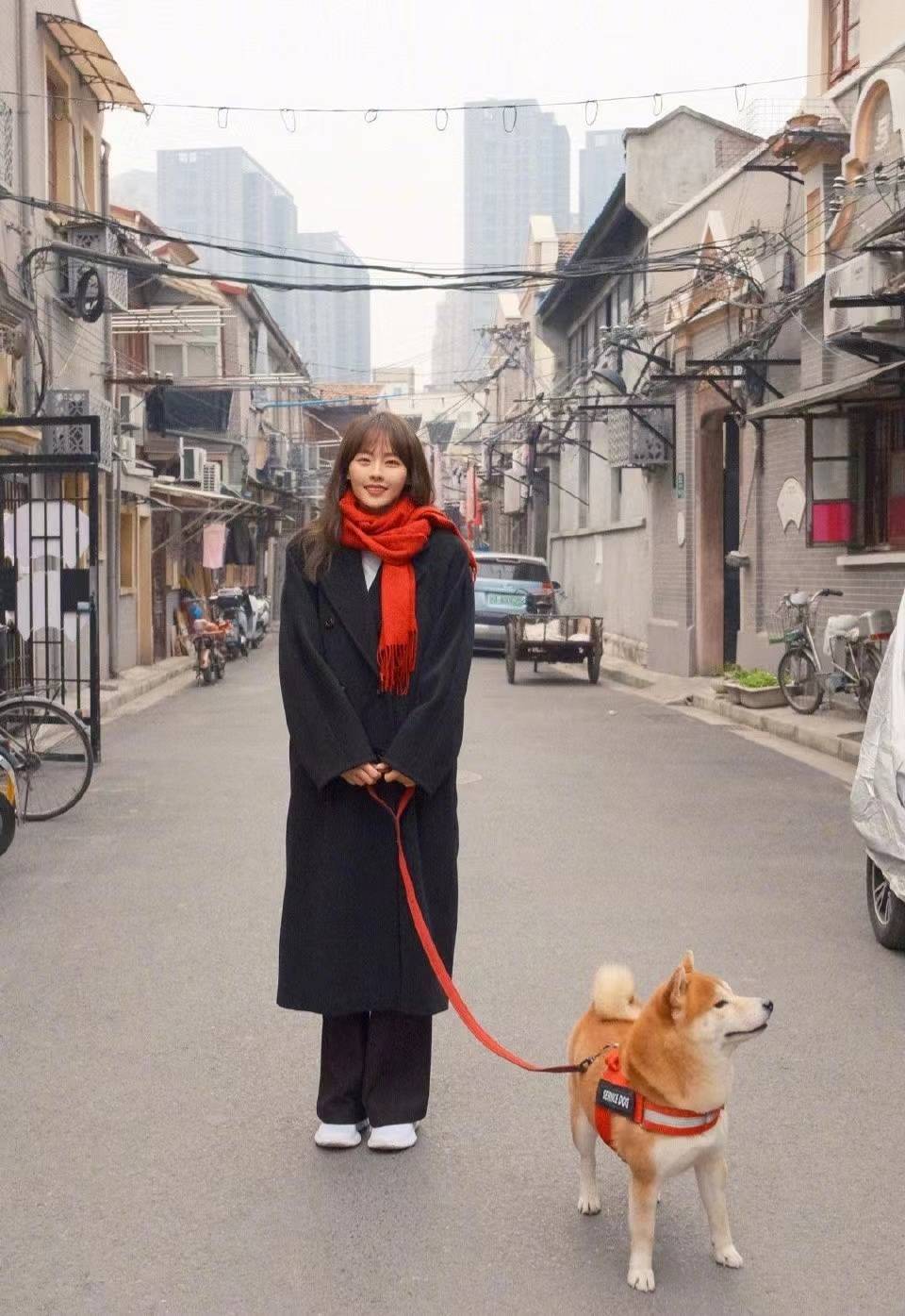 张嘉倪春节穿黑色长大衣搭红色围巾配直筒裤，节日氛围感满满-1