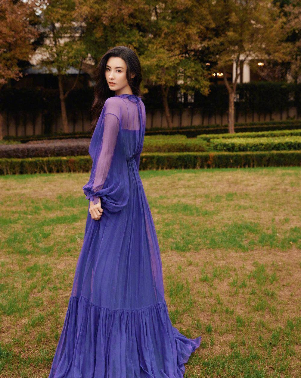 张柏芝的紫色薄纱透视长裙身材曼妙，披肩长发温婉可人-2
