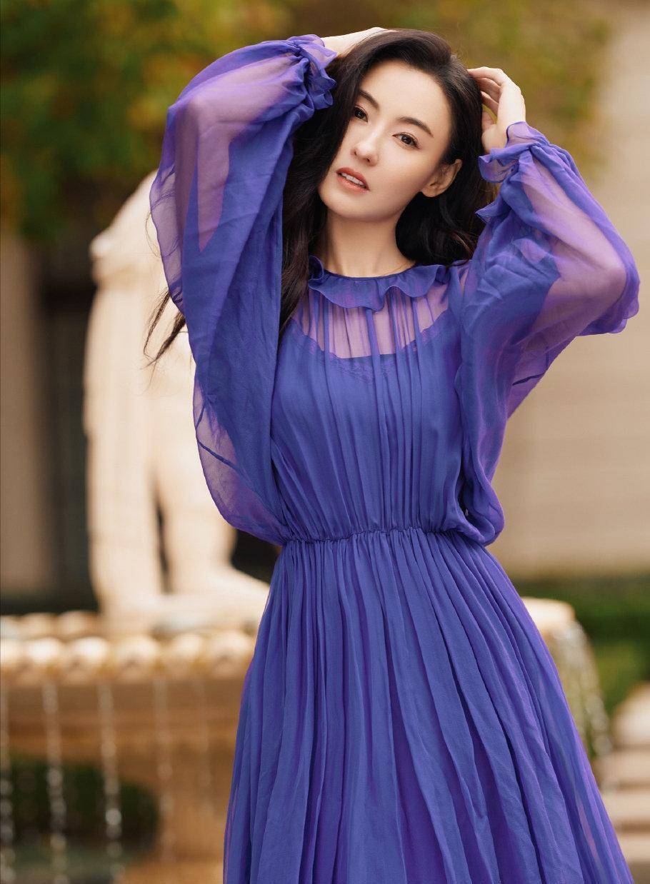 张柏芝的紫色薄纱透视长裙身材曼妙，披肩长发温婉可人-1
