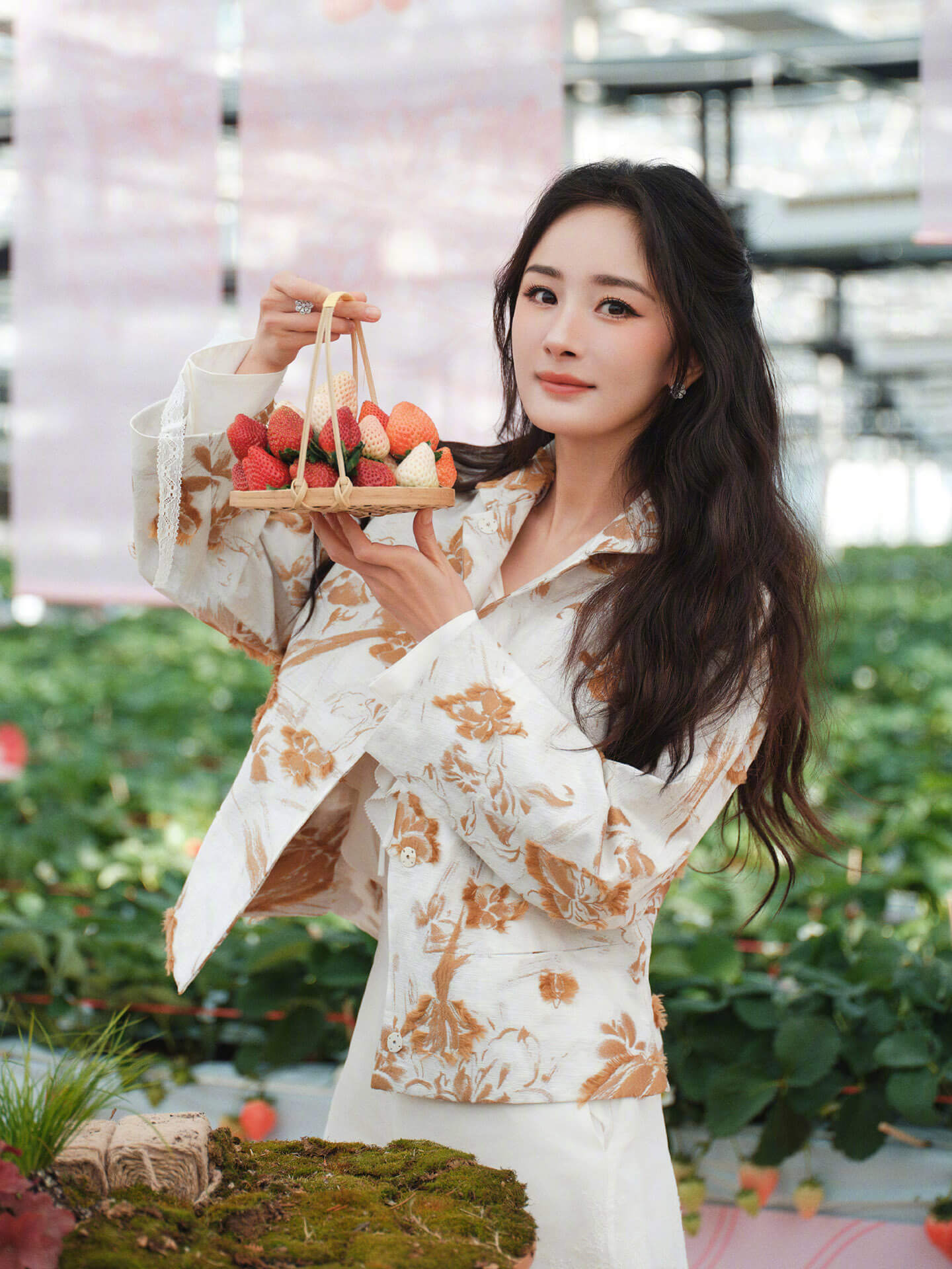 杨幂穿碎花裙与草莓合影，实在太美了