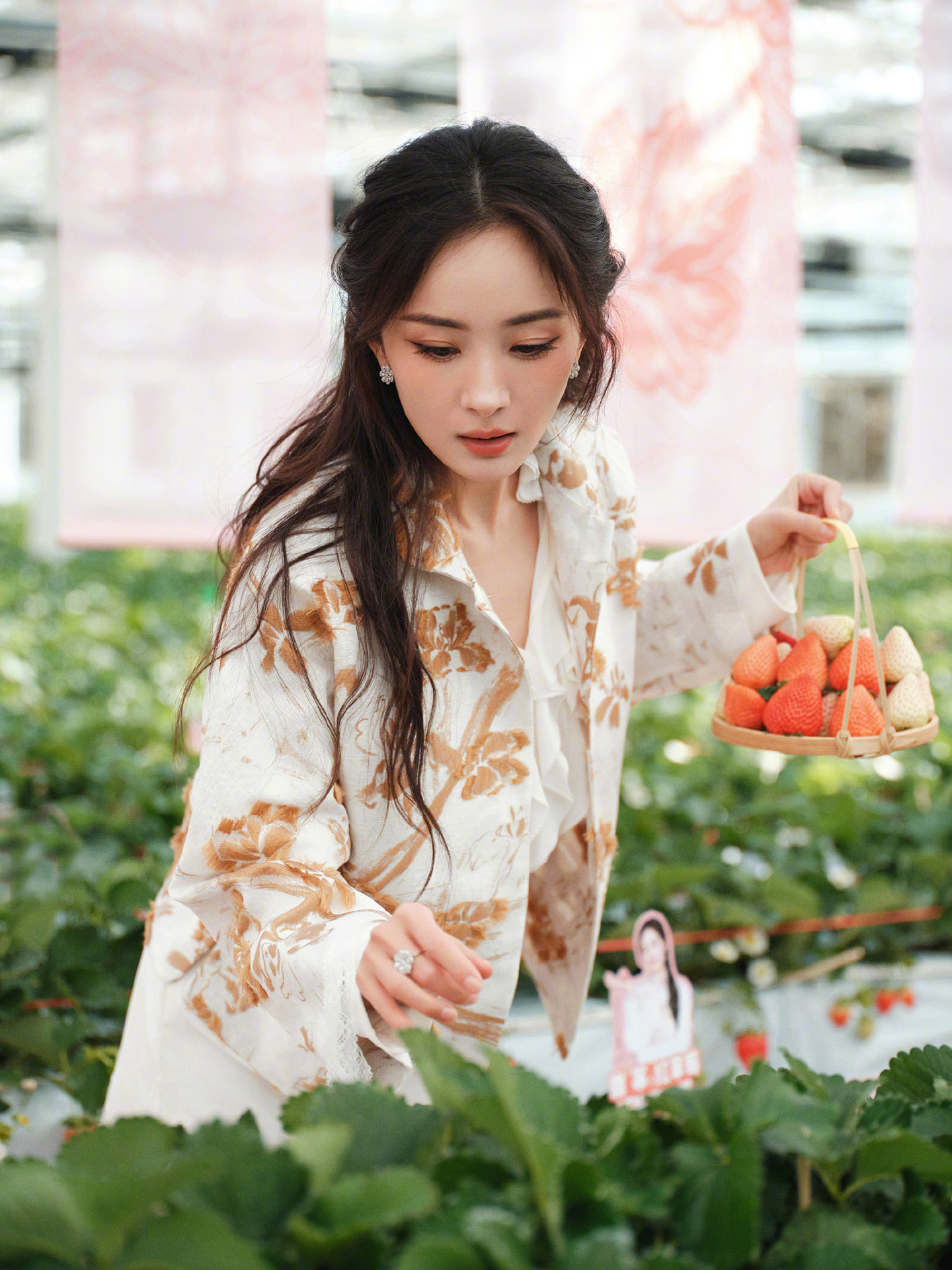 杨幂穿碎花裙与草莓合影，实在太美了