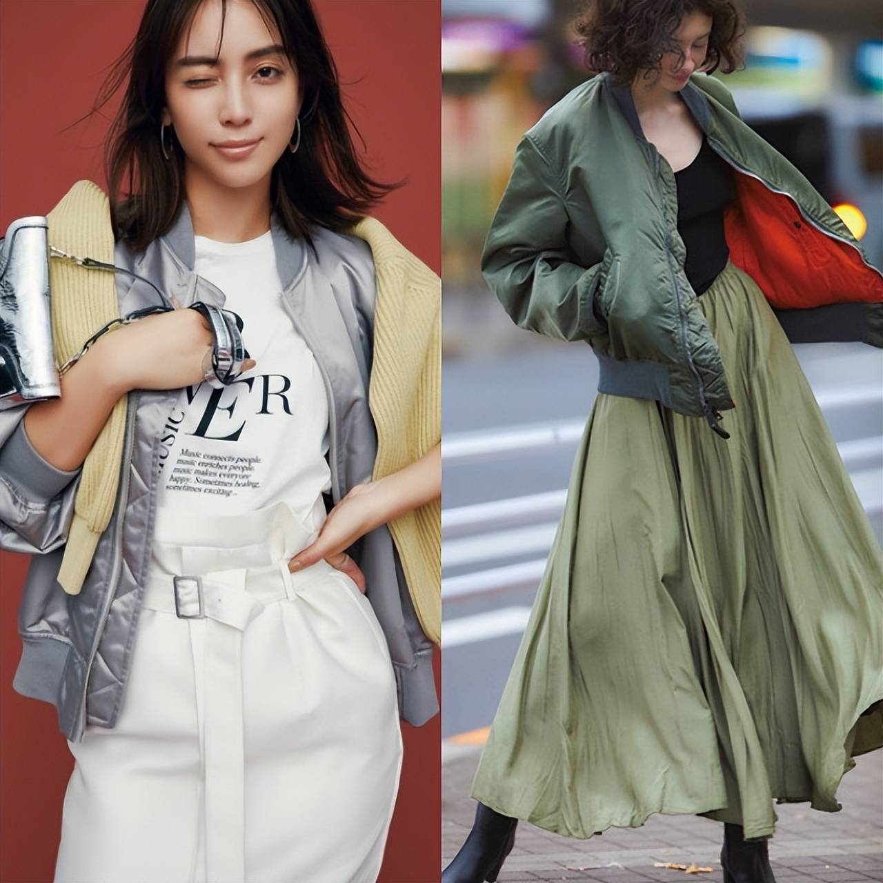 今秋最火穿搭:“MA-1夹克+半裙”,减龄时髦两不误,好看炸了-15 今秋最火穿搭:“MA-1夹克+半裙”,减龄时髦两不误,好看炸了