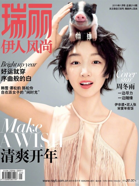 周冬雨登瑞丽杂志开年刊封面 2019年愿你“猪”事顺利