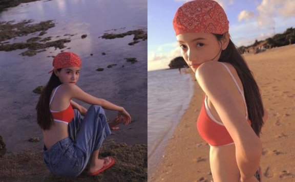 网红鼻祖林小宅穿红色背心配牛仔裤拍摄沙滩写真,身材令人羡慕