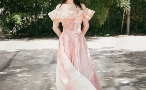 杨紫粉色一字肩镂空长裙图片写真