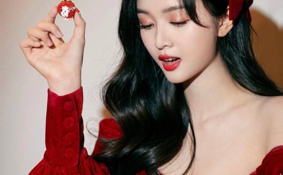 吴宣仪穿红色丝绒一字肩短裙,戴红色丝绒蝴蝶结俏皮又优雅