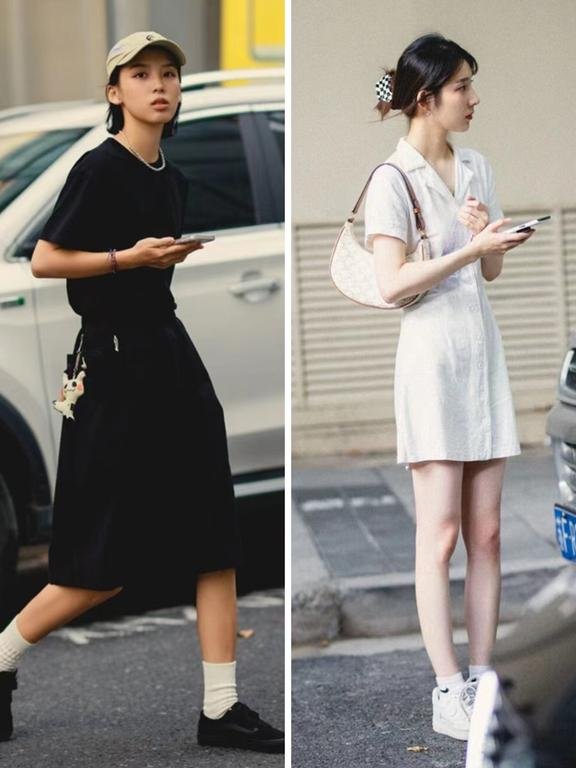 上海街拍:裙子搭配运动鞋女人味十足,时髦又美丽