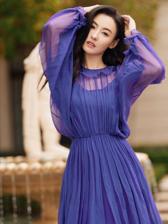 张柏芝的紫色薄纱透视长裙身材曼妙,披肩长发温婉可人