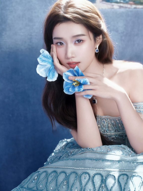 卢昱晓蓝色蛋糕长裙穿搭