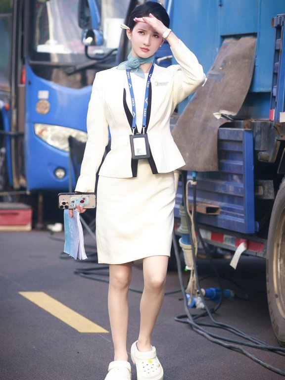 刘些宁空乘制服秀，笔直双腿配干练套装，职场穿搭优雅范儿尽显